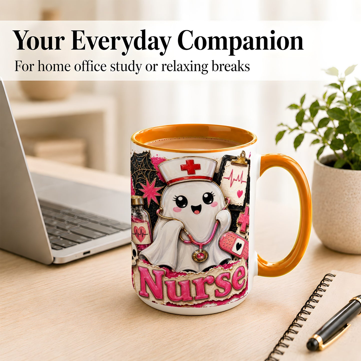 #pl[15oz|Orange] Cute Nurse Ghost Coffee Mug, Halloween Nurse Mug, Ceramic Cup