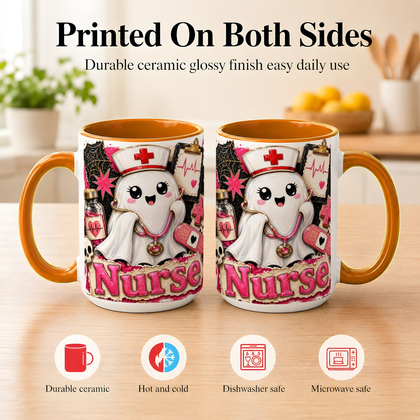 #pl[15oz|Orange] Cute Nurse Ghost Coffee Mug, Halloween Nurse Mug, Ceramic Cup