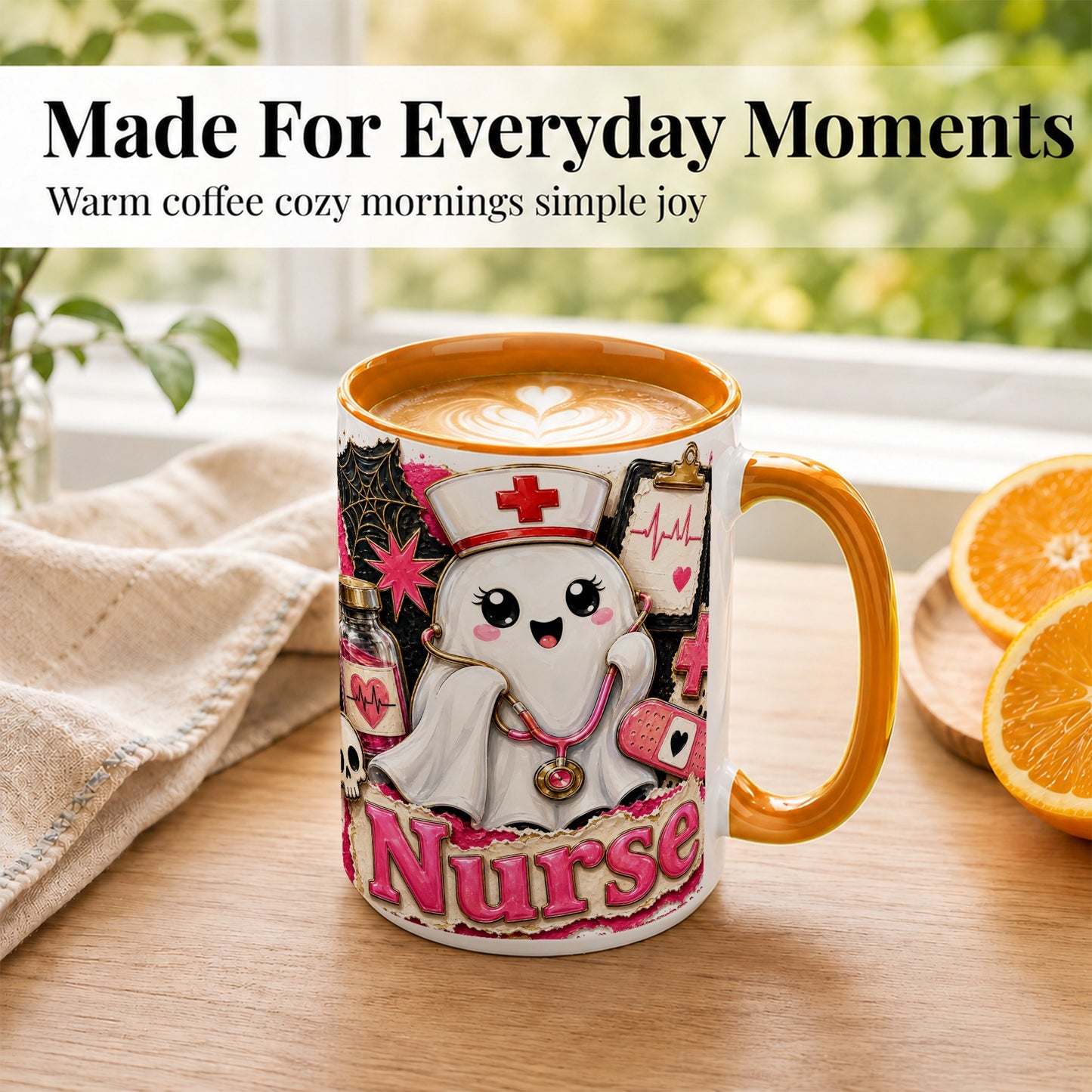 #pl[15oz|Orange] Cute Nurse Ghost Coffee Mug, Halloween Nurse Mug, Ceramic Cup