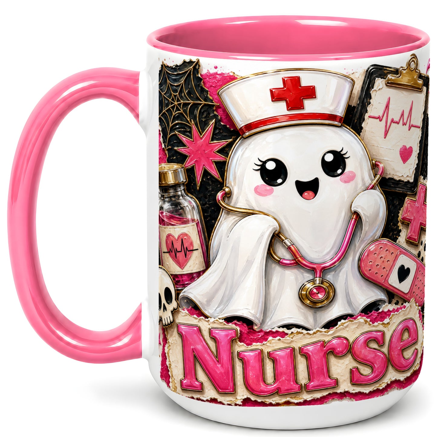 #pl[15oz|Pink] Cute Nurse Ghost Coffee Mug, Halloween Nurse Mug, Ceramic Cup