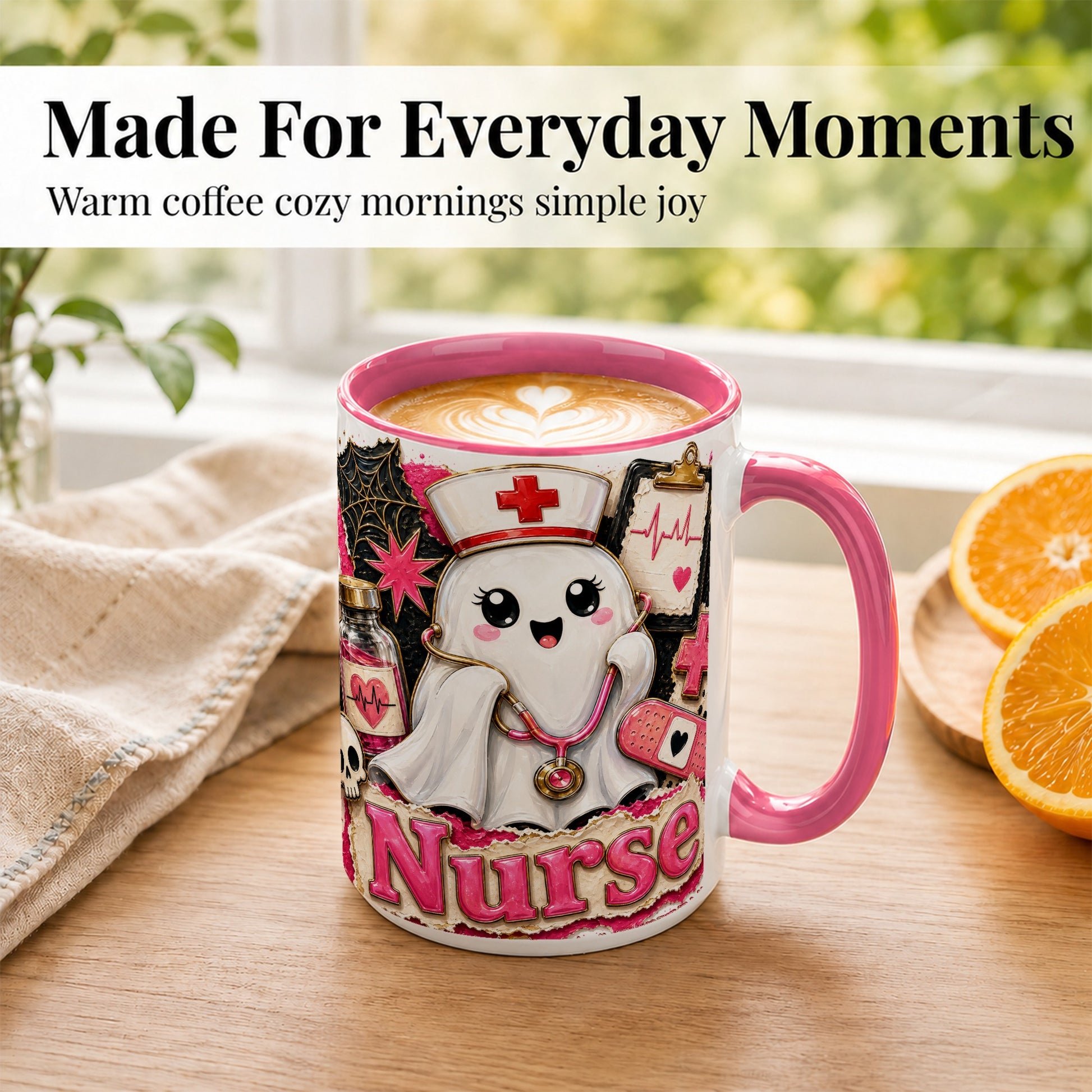 #pl[15oz|Pink] Cute Nurse Ghost Coffee Mug, Halloween Nurse Mug, Ceramic Cup