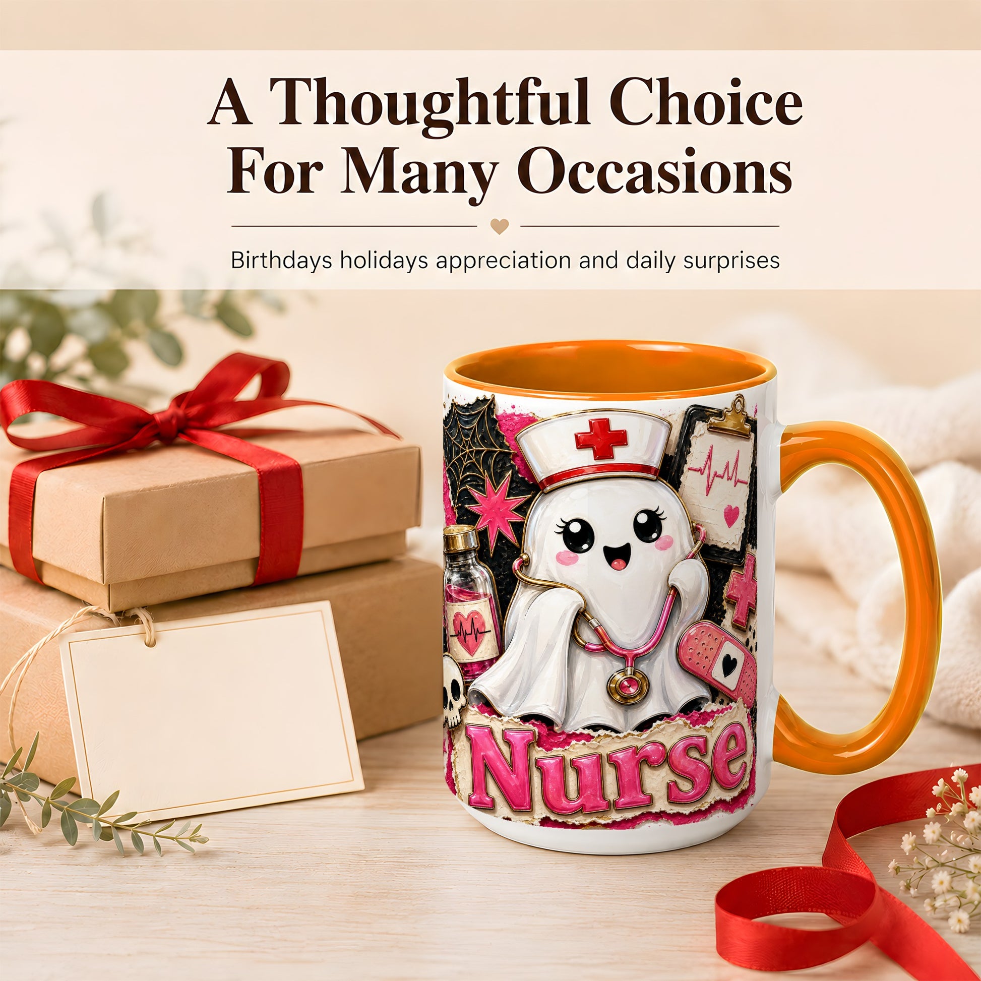 #pl[15oz|Orange] Cute Nurse Ghost Coffee Mug, Halloween Nurse Mug, Ceramic Cup