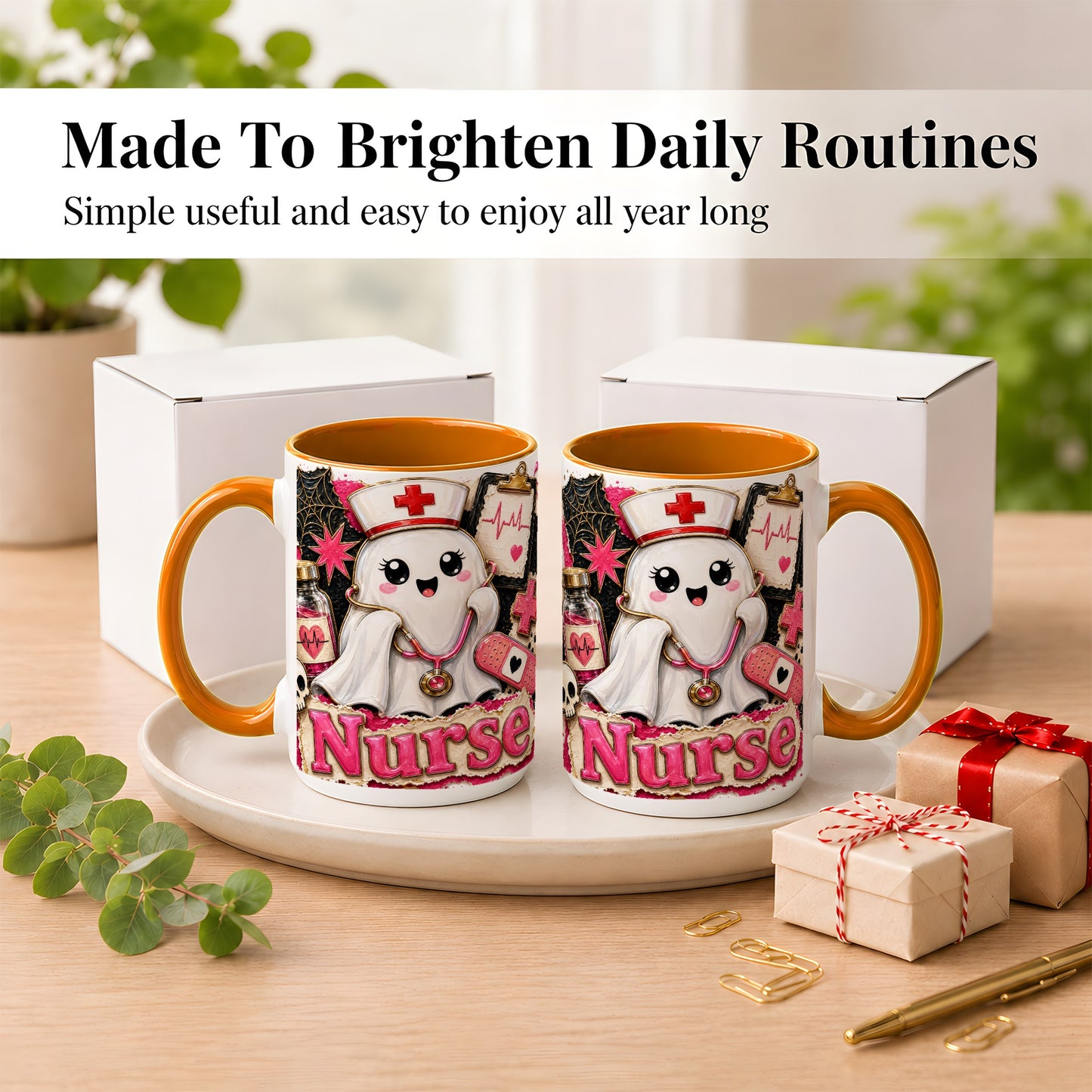 #pl[15oz|Orange] Cute Nurse Ghost Coffee Mug, Halloween Nurse Mug, Ceramic Cup