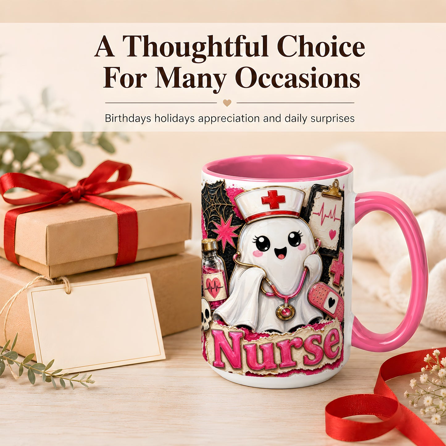 #pl[15oz|Pink] Cute Nurse Ghost Coffee Mug, Halloween Nurse Mug, Ceramic Cup