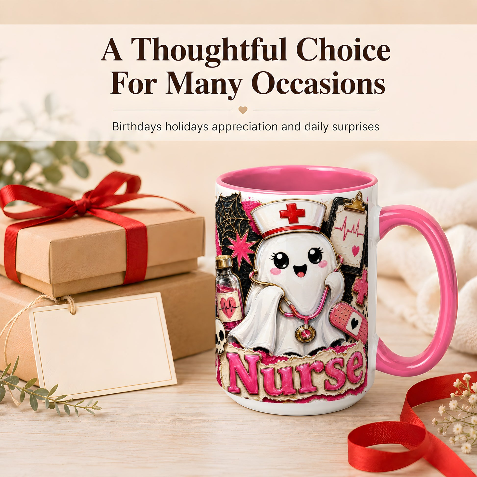 #pl[15oz|Pink] Cute Nurse Ghost Coffee Mug, Halloween Nurse Mug, Ceramic Cup