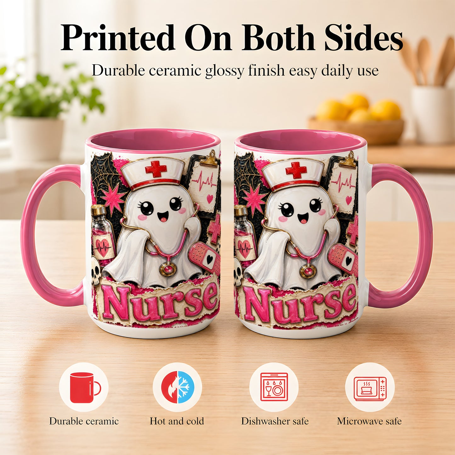 #pl[15oz|Pink] Cute Nurse Ghost Coffee Mug, Halloween Nurse Mug, Ceramic Cup