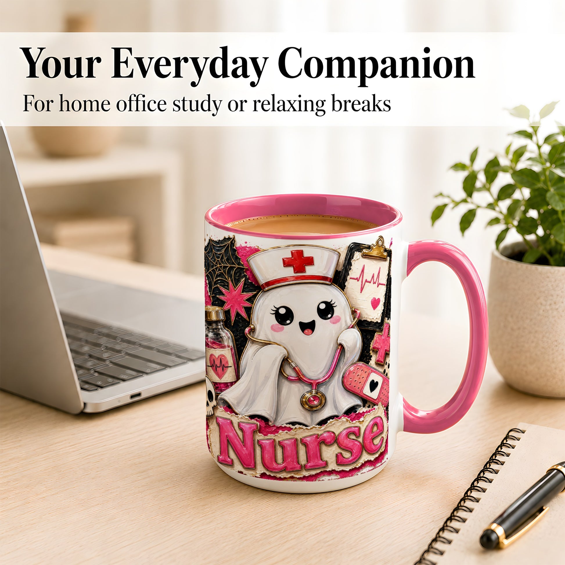 #pl[15oz|Pink] Cute Nurse Ghost Coffee Mug, Halloween Nurse Mug, Ceramic Cup