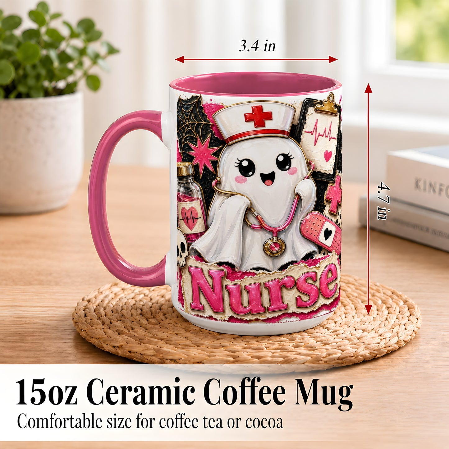 #pl[15oz|Pink] Cute Nurse Ghost Coffee Mug, Halloween Nurse Mug, Ceramic Cup