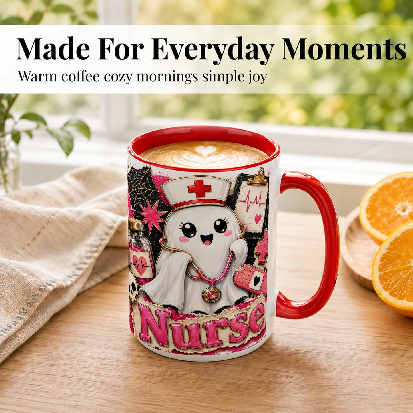 #pl[15oz|Red] Cute Nurse Ghost Coffee Mug, Halloween Nurse Mug, Ceramic Cup