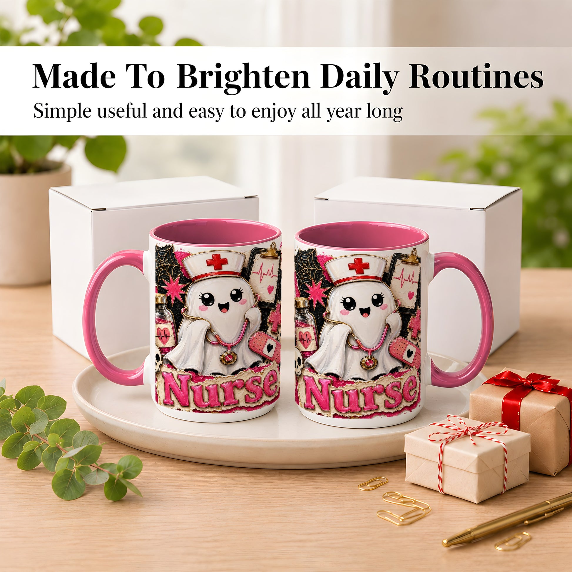 #pl[15oz|Pink] Cute Nurse Ghost Coffee Mug, Halloween Nurse Mug, Ceramic Cup