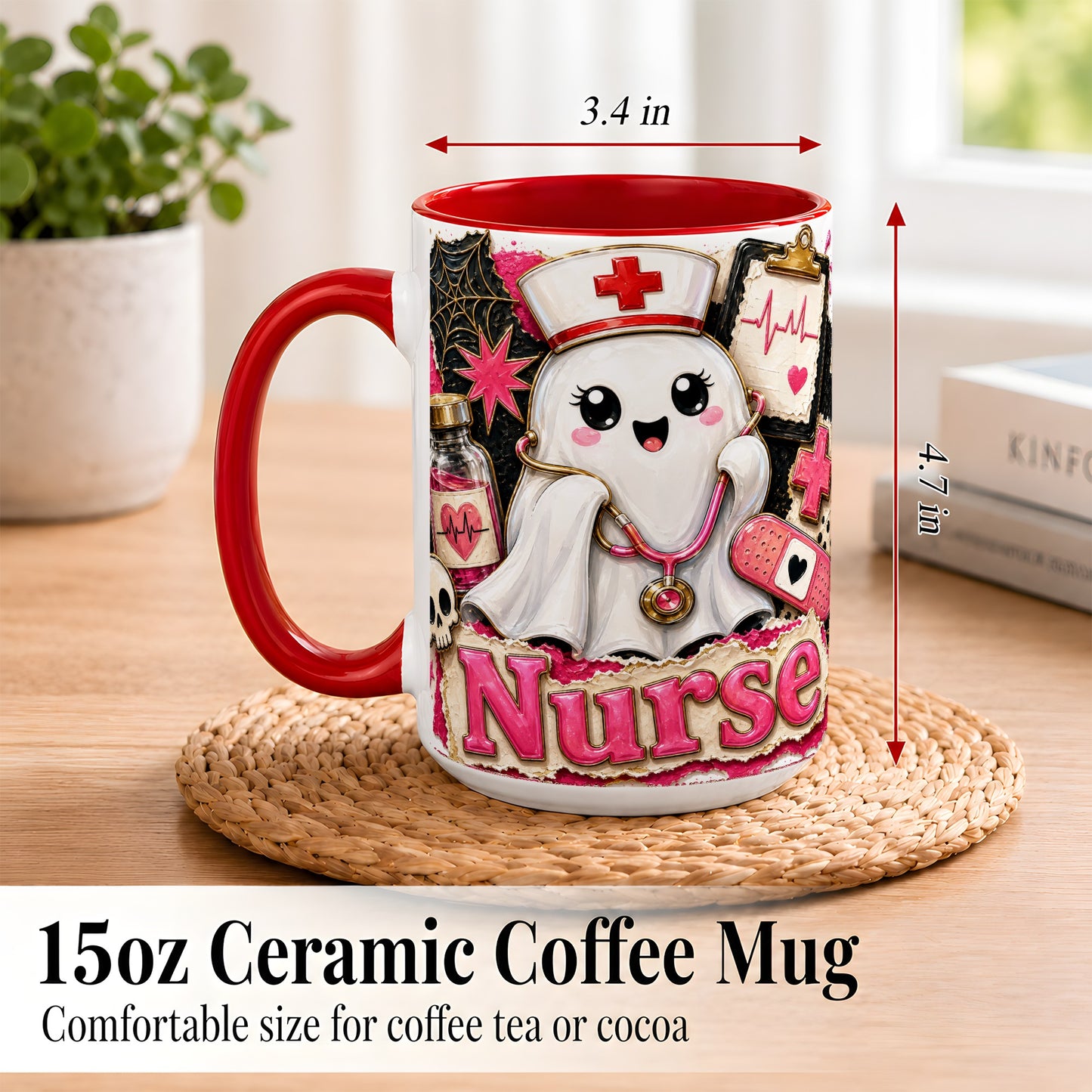 #pl[15oz|Red] Cute Nurse Ghost Coffee Mug, Halloween Nurse Mug, Ceramic Cup