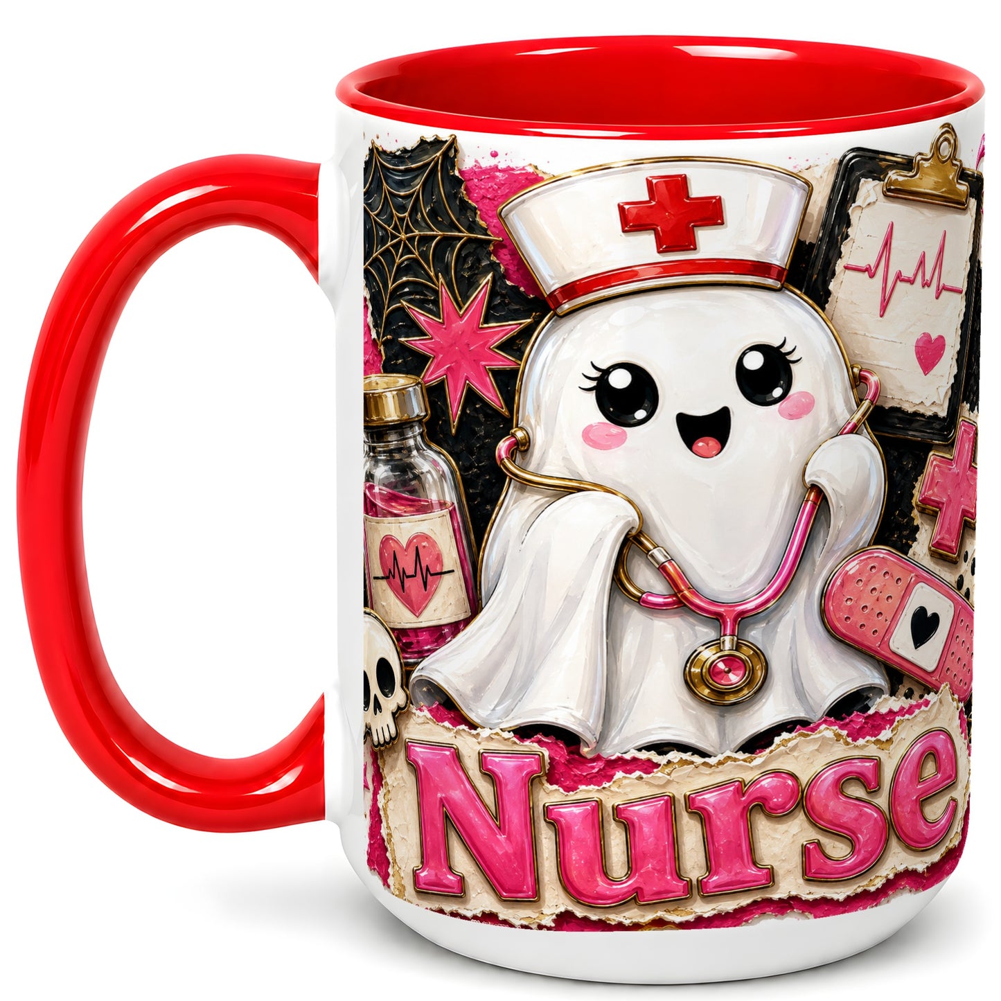 #pl[15oz|Red] Cute Nurse Ghost Coffee Mug, Halloween Nurse Mug, Ceramic Cup