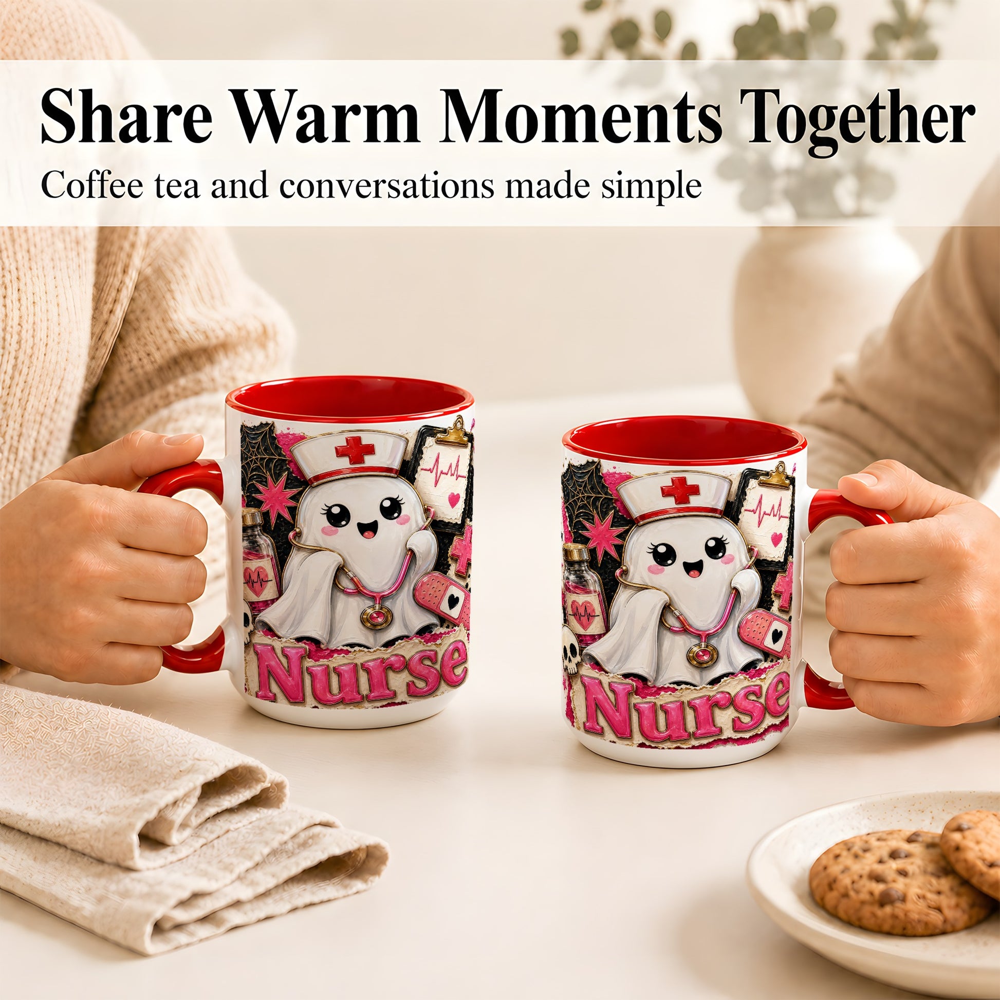 #pl[15oz|Red] Cute Nurse Ghost Coffee Mug, Halloween Nurse Mug, Ceramic Cup