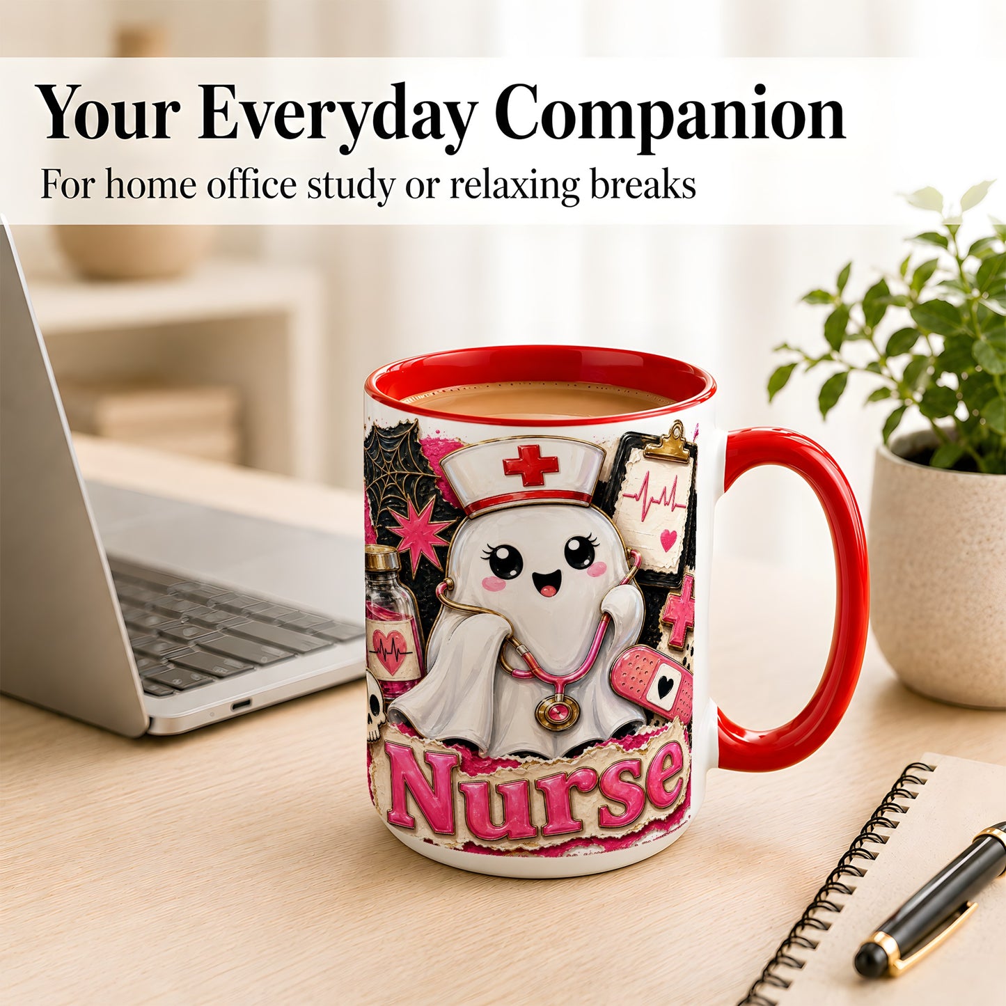 #pl[15oz|Red] Cute Nurse Ghost Coffee Mug, Halloween Nurse Mug, Ceramic Cup