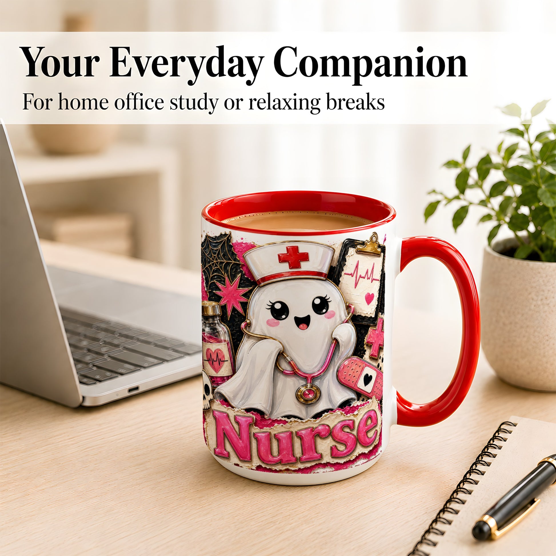 #pl[15oz|Red] Cute Nurse Ghost Coffee Mug, Halloween Nurse Mug, Ceramic Cup