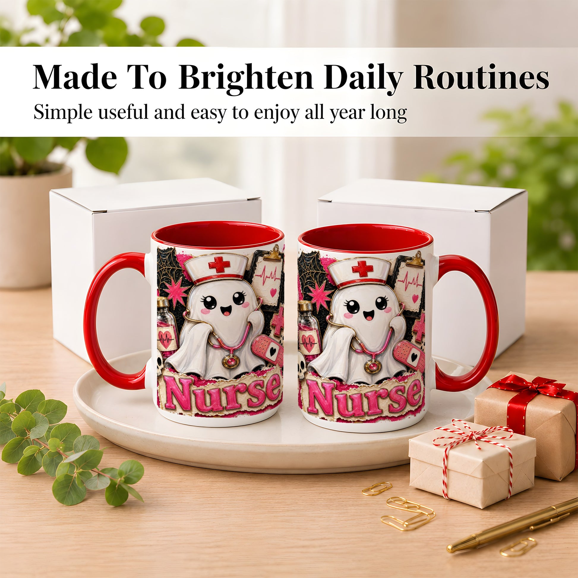 #pl[15oz|Red] Cute Nurse Ghost Coffee Mug, Halloween Nurse Mug, Ceramic Cup