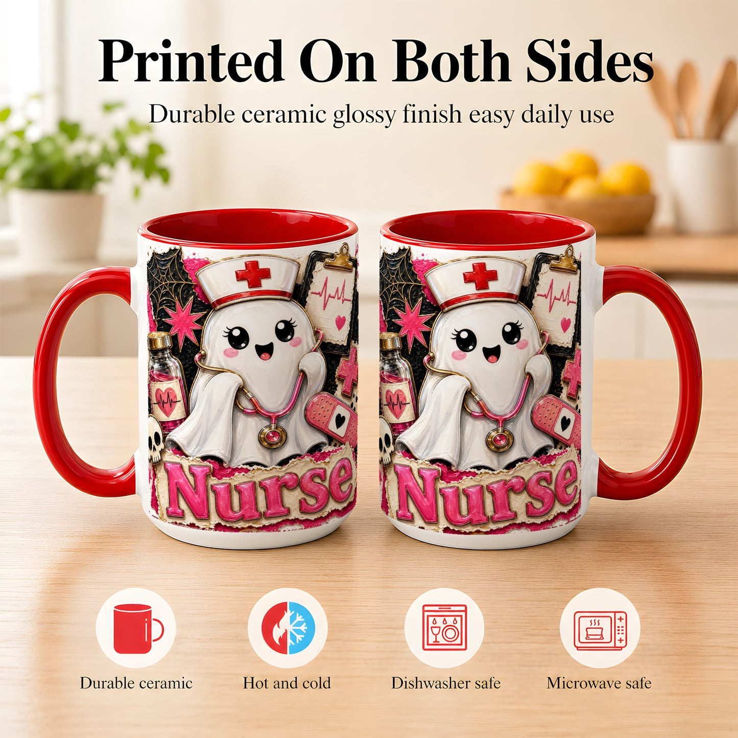 #pl[15oz|Red] Cute Nurse Ghost Coffee Mug, Halloween Nurse Mug, Ceramic Cup