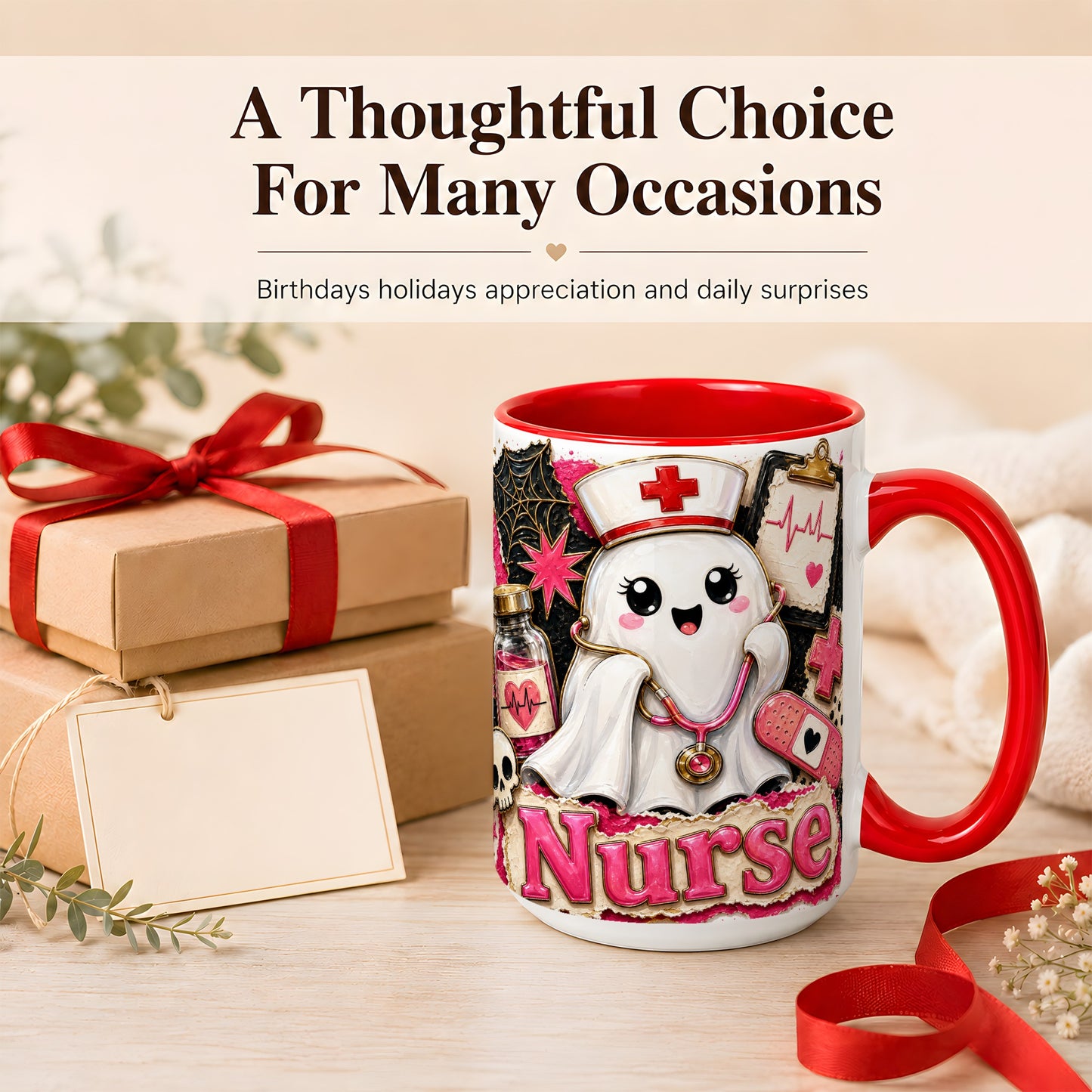 #pl[15oz|Red] Cute Nurse Ghost Coffee Mug, Halloween Nurse Mug, Ceramic Cup