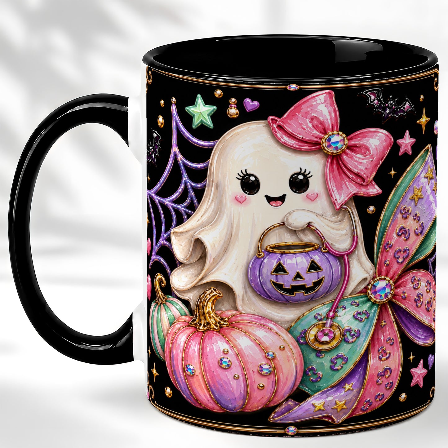 #pl[11oz|Black] Ghost Nurse Coffee Mug, Cute Halloween Mug, Ceramic Cup