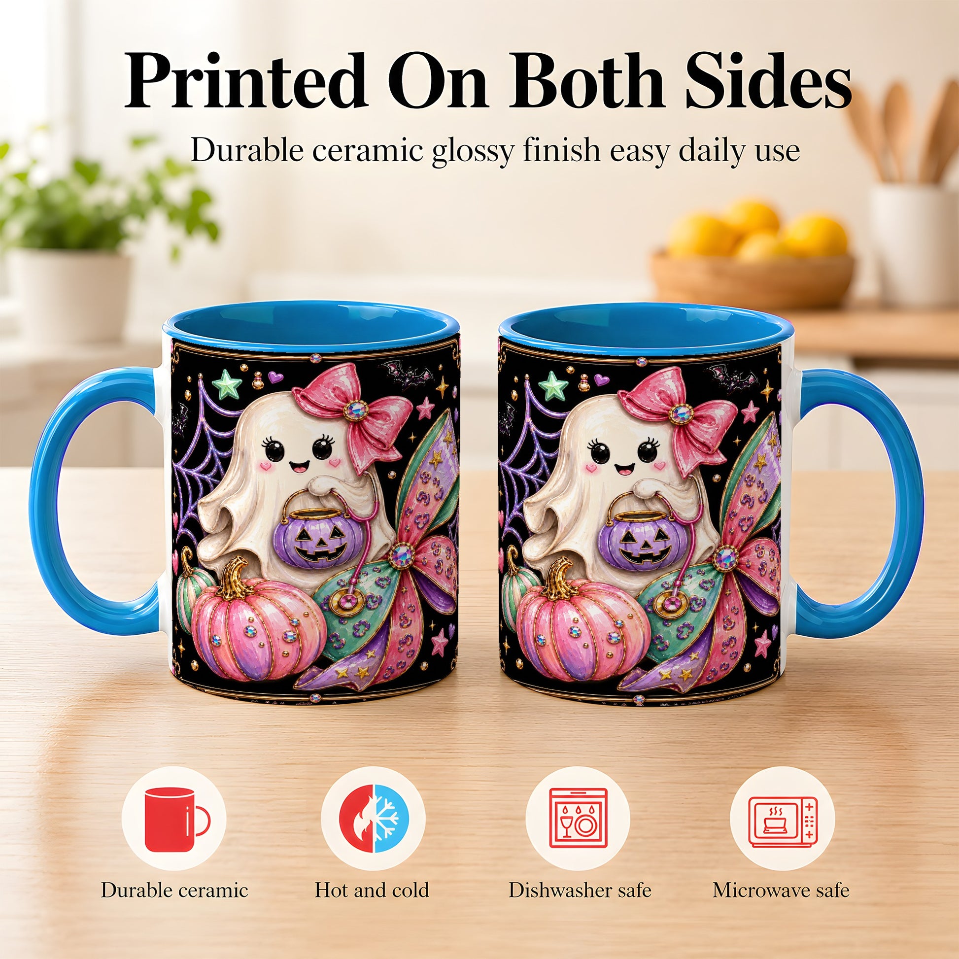 #pl[11oz|Blue] Ghost Nurse Coffee Mug, Cute Halloween Mug, Ceramic Cup