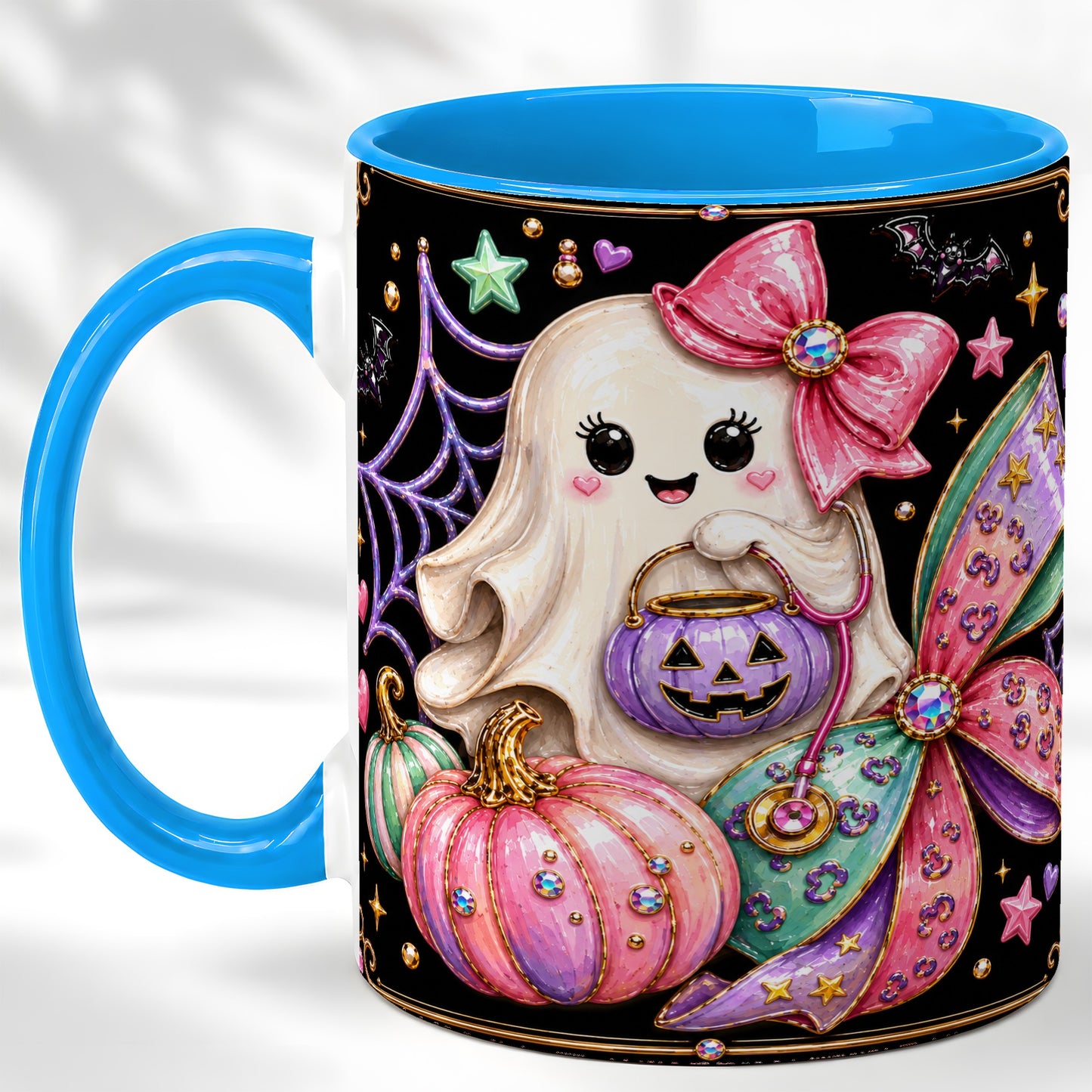 #pl[11oz|Blue] Ghost Nurse Coffee Mug, Cute Halloween Mug, Ceramic Cup