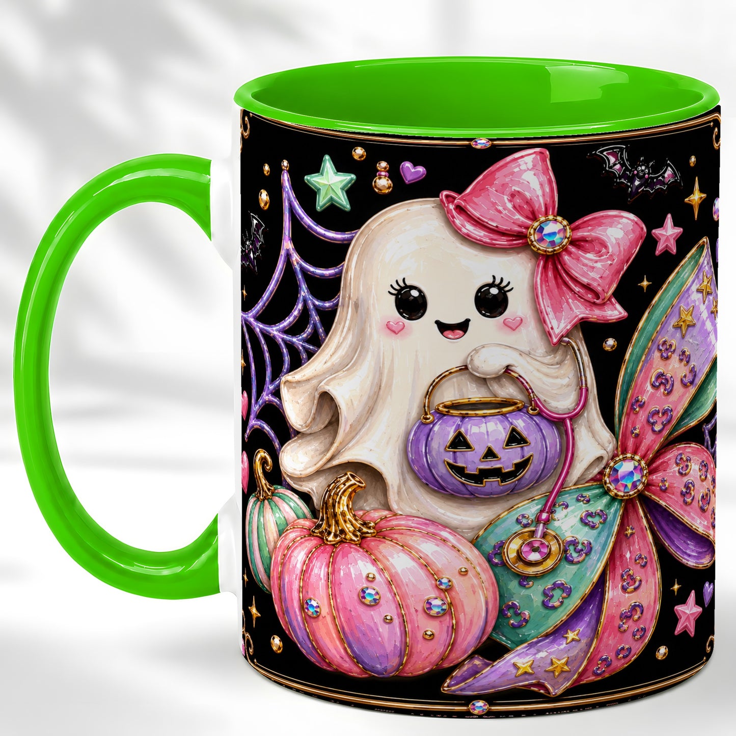 #pl[11oz|Green] Ghost Nurse Coffee Mug, Cute Halloween Mug, Ceramic Cup