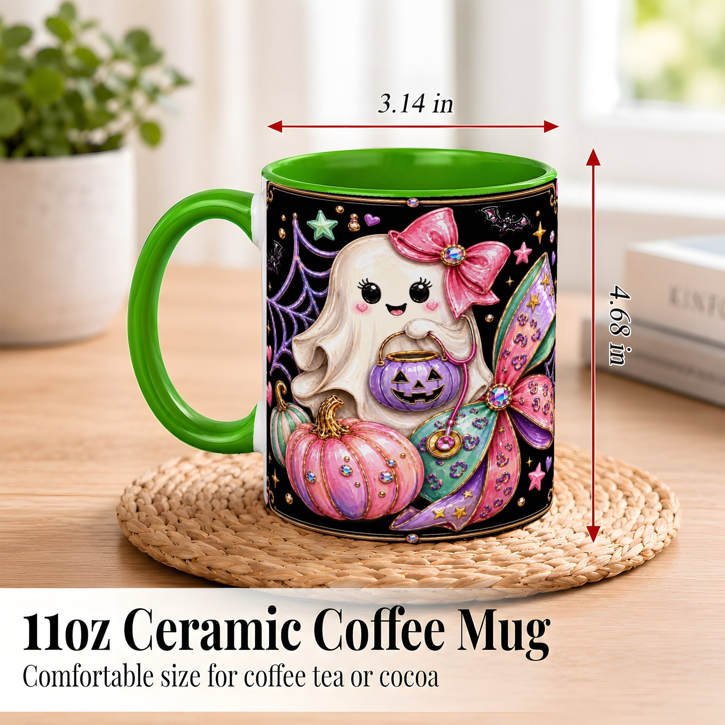 #pl[11oz|Green] Ghost Nurse Coffee Mug, Cute Halloween Mug, Ceramic Cup