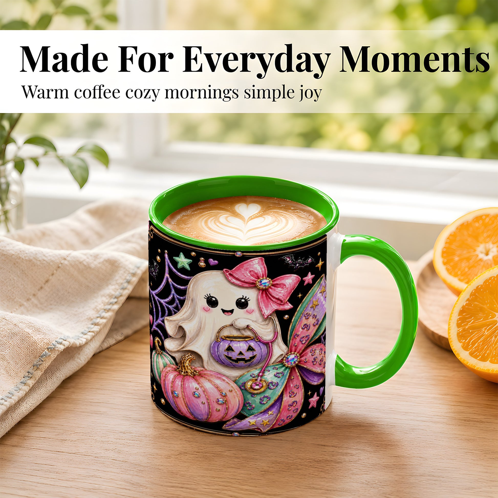 #pl[11oz|Green] Ghost Nurse Coffee Mug, Cute Halloween Mug, Ceramic Cup