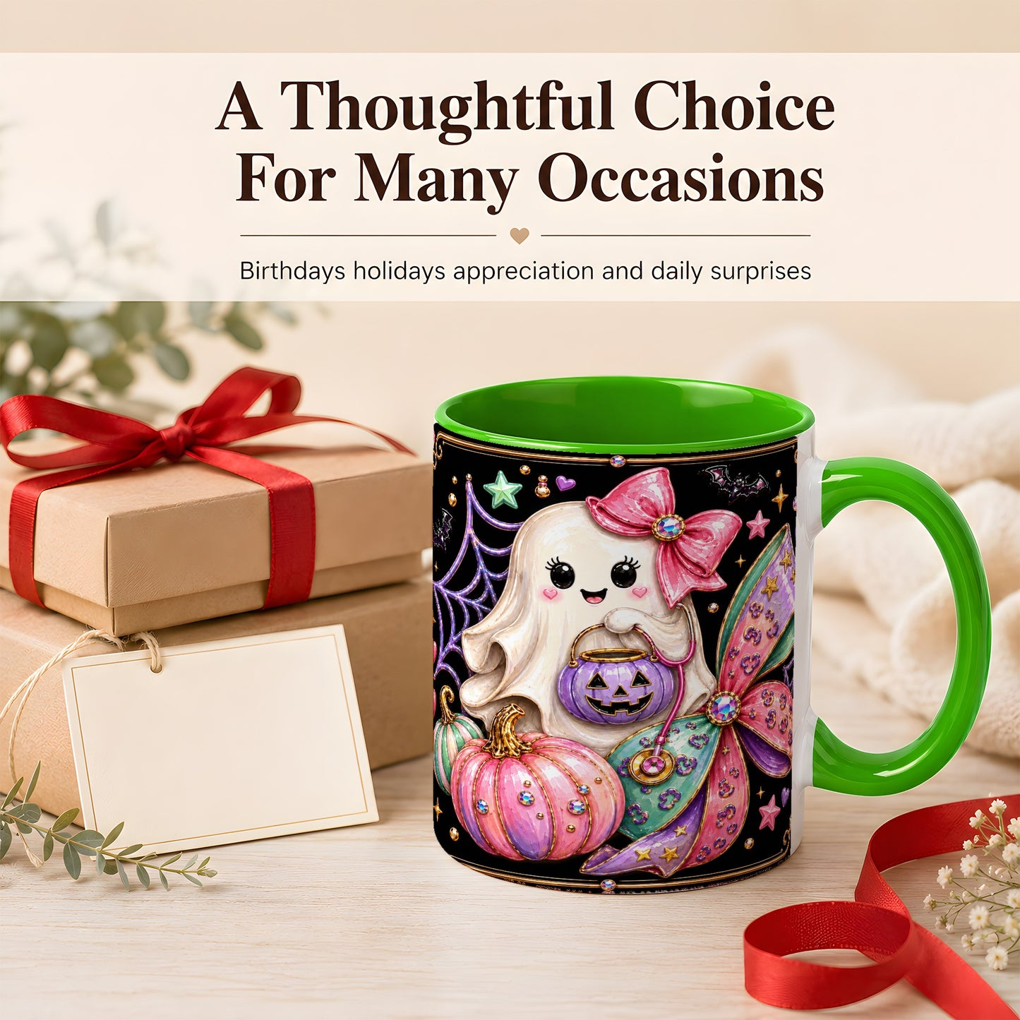 #pl[11oz|Green] Ghost Nurse Coffee Mug, Cute Halloween Mug, Ceramic Cup
