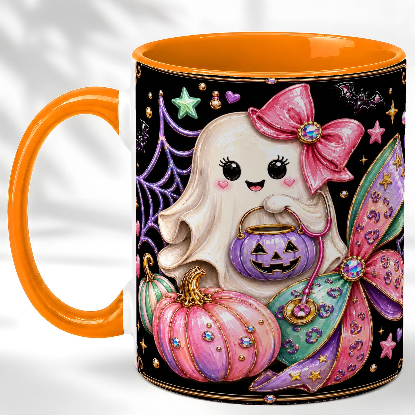 #pl[11oz|Orange] Ghost Nurse Coffee Mug, Cute Halloween Mug, Ceramic Cup
