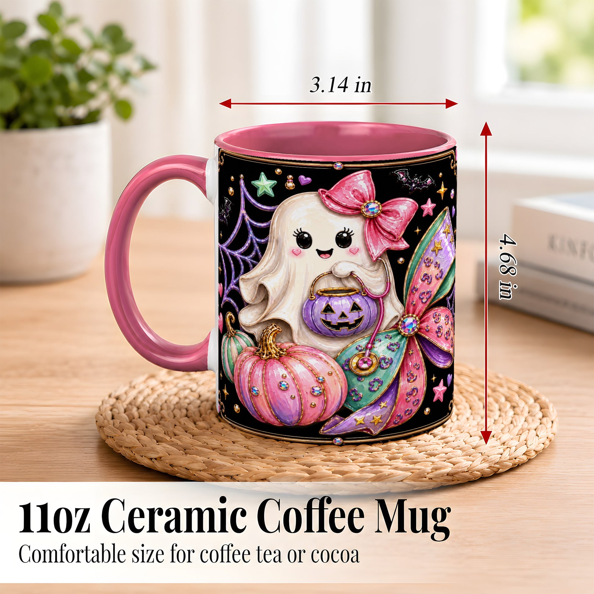 #pl[11oz|Pink] Ghost Nurse Coffee Mug, Cute Halloween Mug, Ceramic Cup