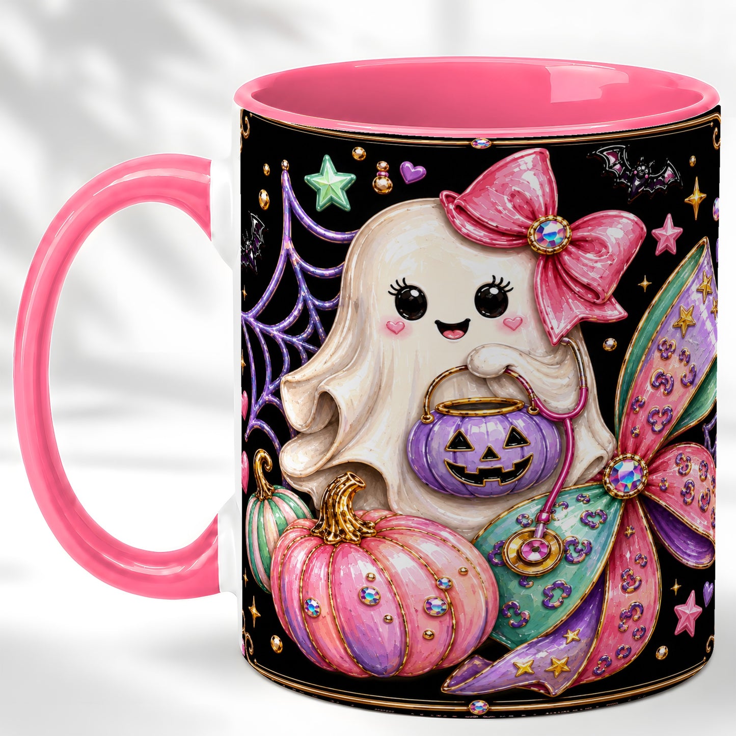 #pl[11oz|Pink] Ghost Nurse Coffee Mug, Cute Halloween Mug, Ceramic Cup