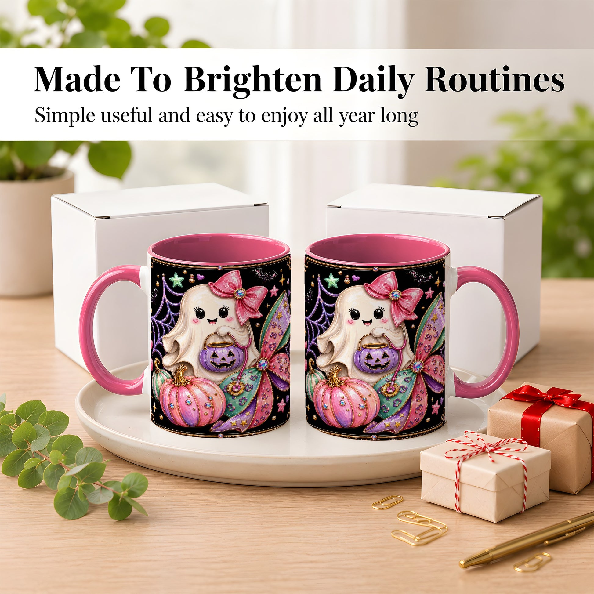 #pl[11oz|Pink] Ghost Nurse Coffee Mug, Cute Halloween Mug, Ceramic Cup