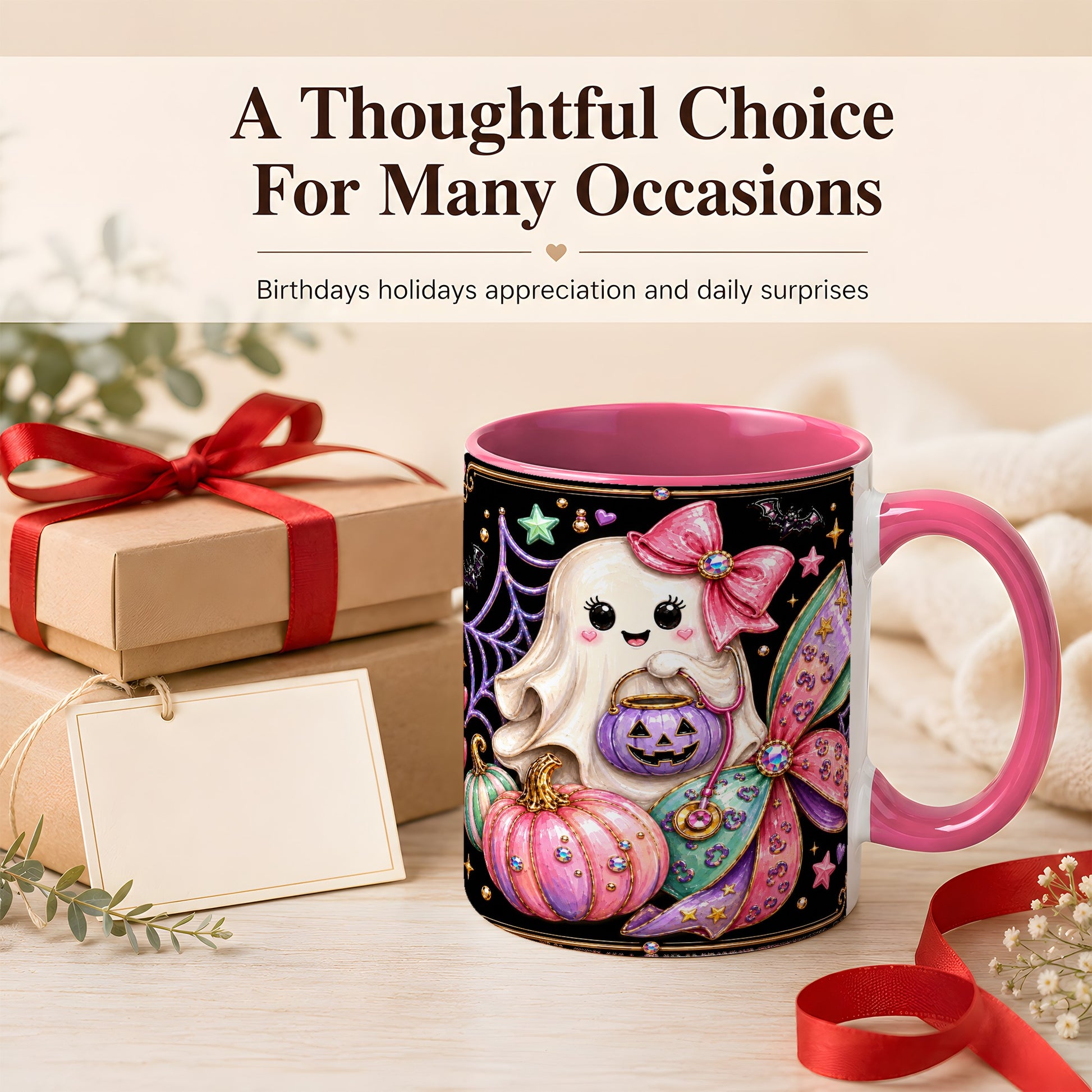 #pl[11oz|Pink] Ghost Nurse Coffee Mug, Cute Halloween Mug, Ceramic Cup