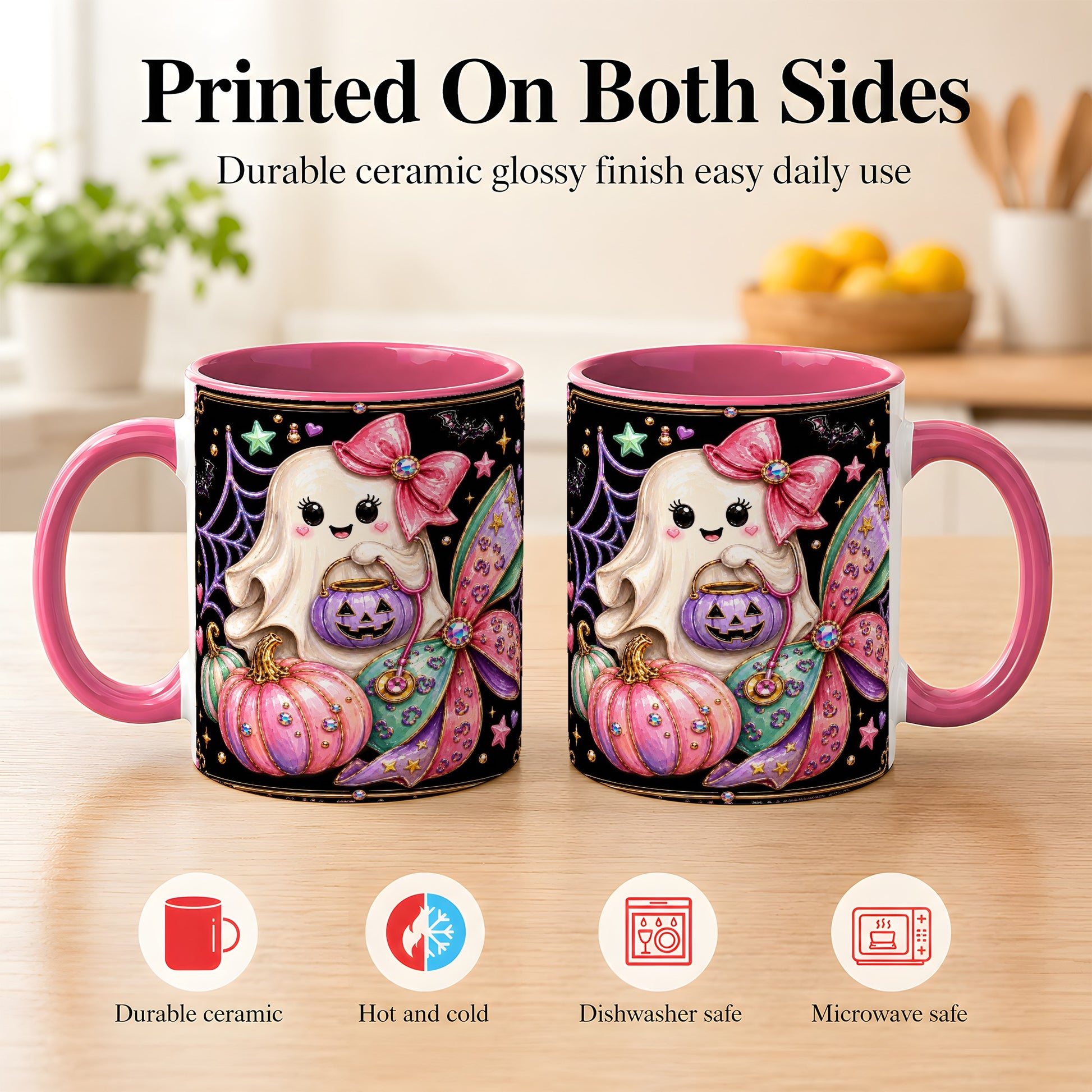 #pl[11oz|Pink] Ghost Nurse Coffee Mug, Cute Halloween Mug, Ceramic Cup