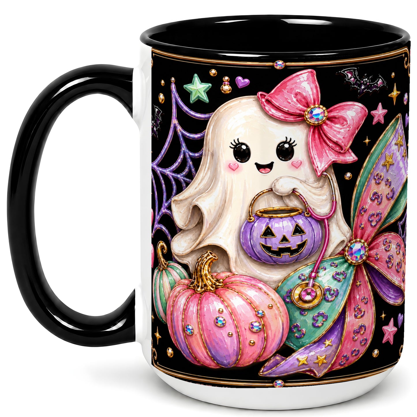 #pl[15oz|Black] Ghost Nurse Coffee Mug, Cute Halloween Mug, Ceramic Cup