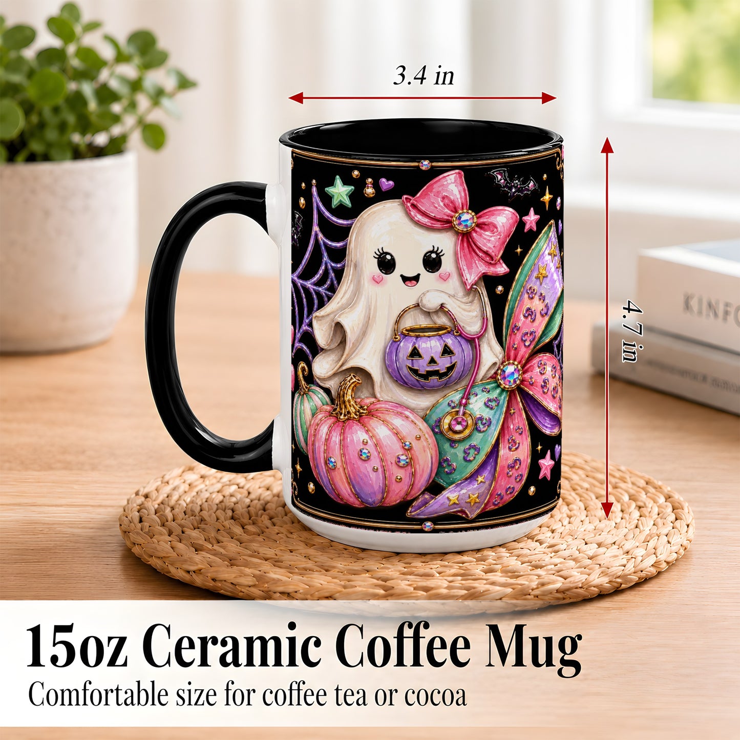 #pl[15oz|Black] Ghost Nurse Coffee Mug, Cute Halloween Mug, Ceramic Cup