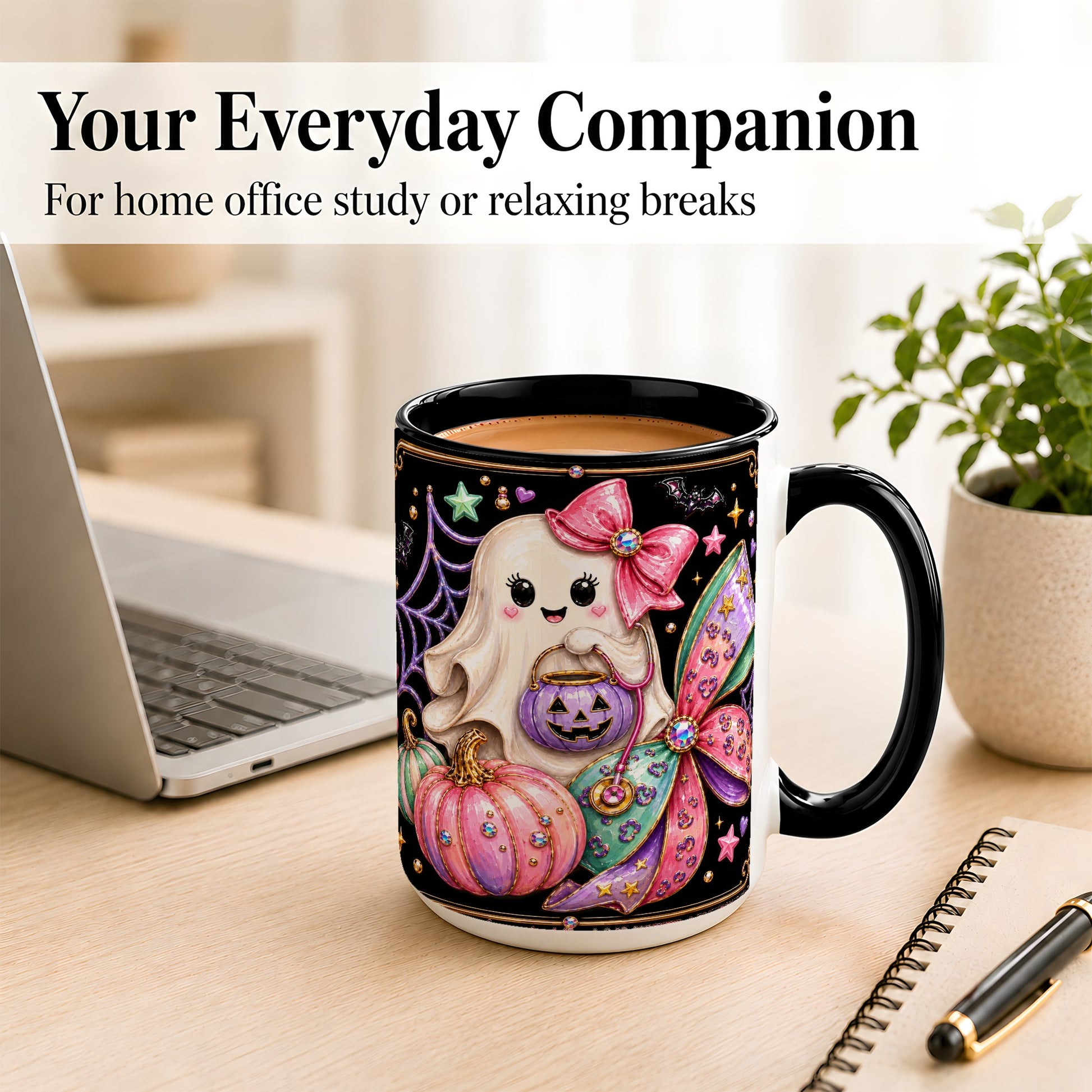 #pl[15oz|Black] Ghost Nurse Coffee Mug, Cute Halloween Mug, Ceramic Cup