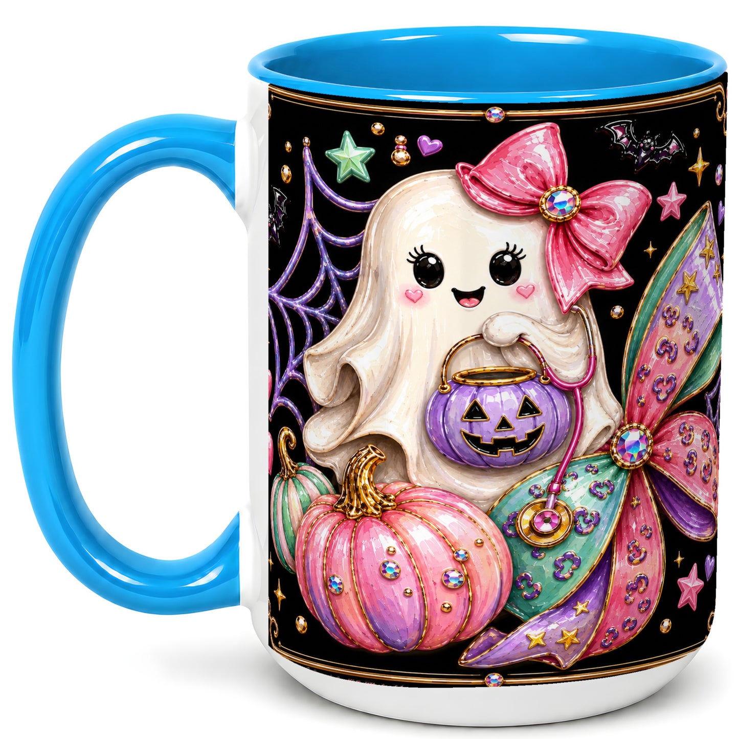 #pl[15oz|Blue] Ghost Nurse Coffee Mug, Cute Halloween Mug, Ceramic Cup