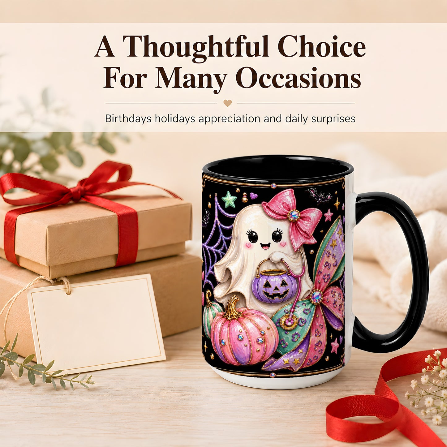 #pl[15oz|Black] Ghost Nurse Coffee Mug, Cute Halloween Mug, Ceramic Cup