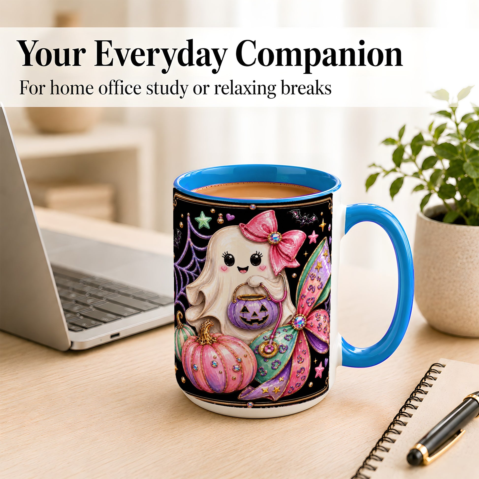 #pl[15oz|Blue] Ghost Nurse Coffee Mug, Cute Halloween Mug, Ceramic Cup