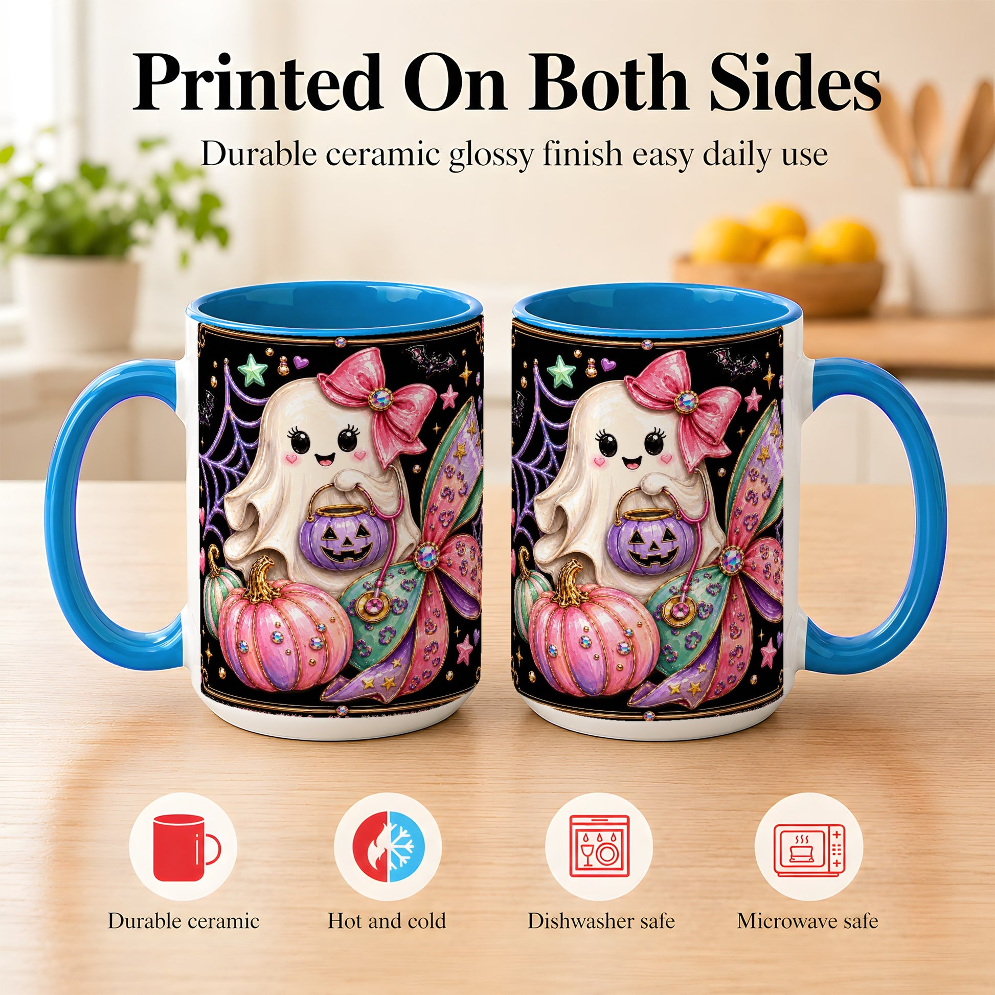 #pl[15oz|Blue] Ghost Nurse Coffee Mug, Cute Halloween Mug, Ceramic Cup