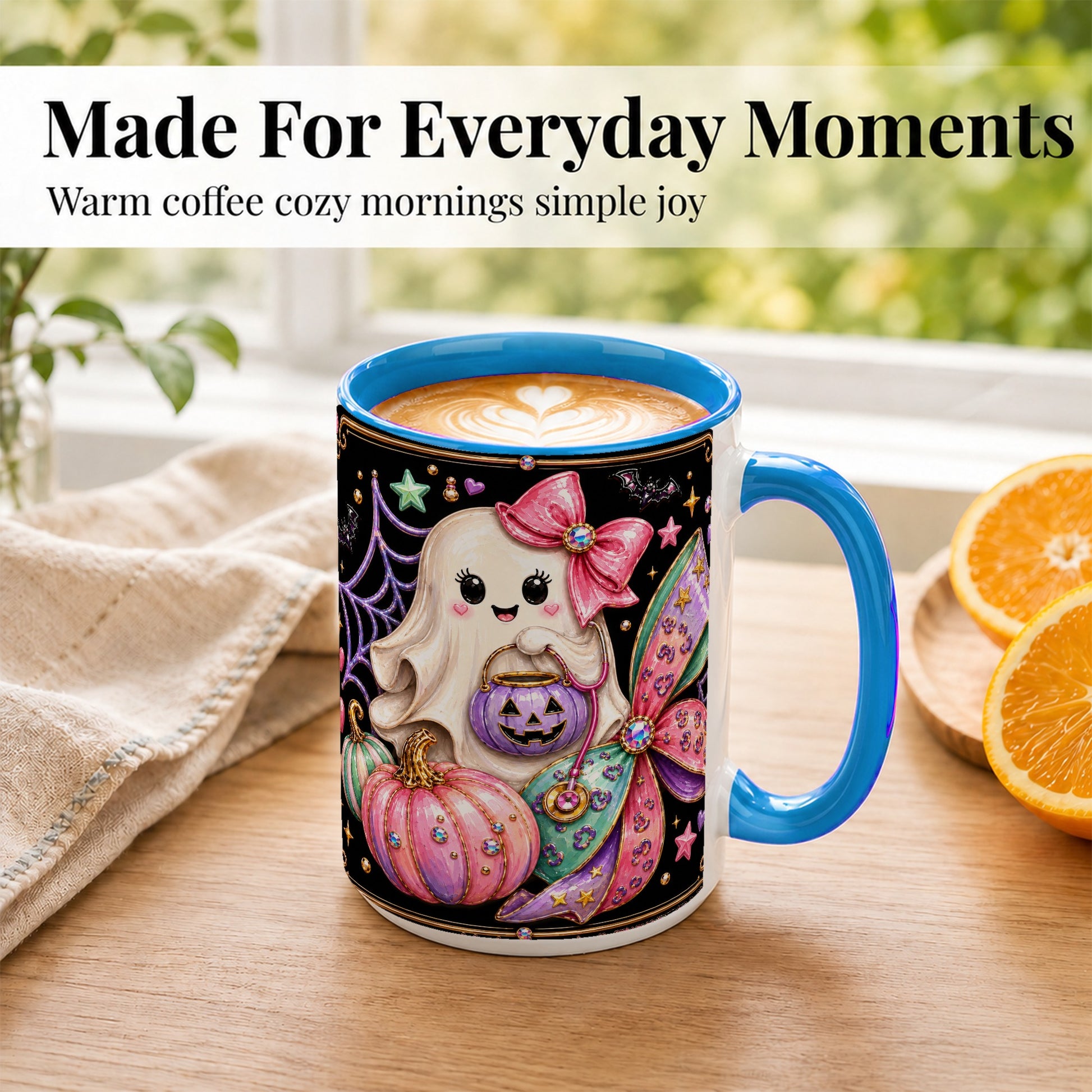 #pl[15oz|Blue] Ghost Nurse Coffee Mug, Cute Halloween Mug, Ceramic Cup