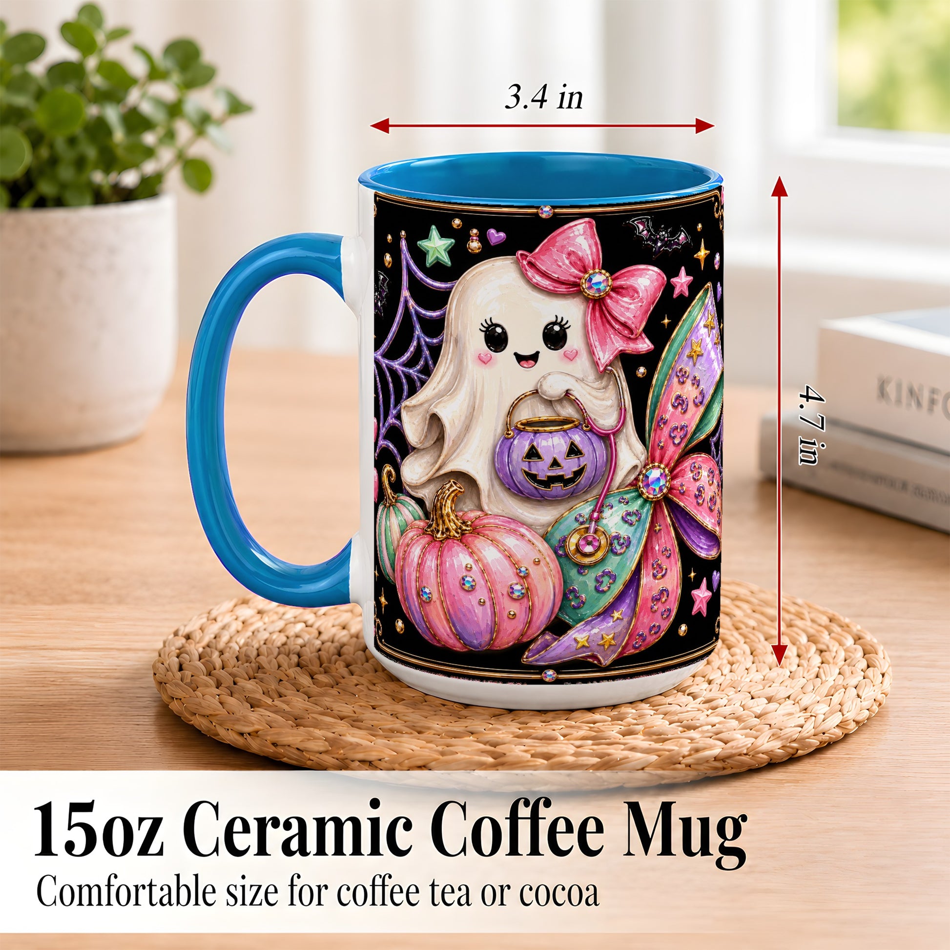 #pl[15oz|Blue] Ghost Nurse Coffee Mug, Cute Halloween Mug, Ceramic Cup