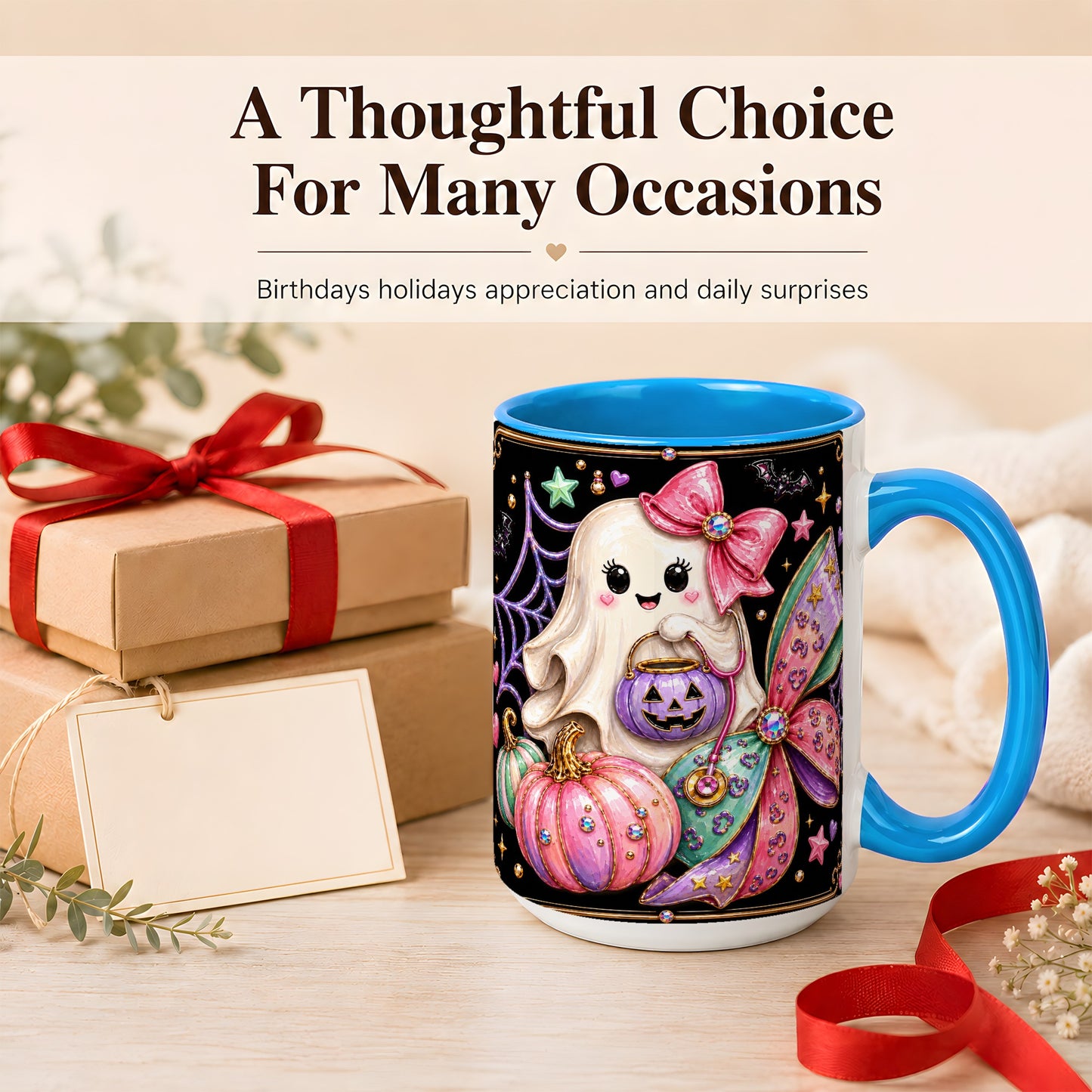 #pl[15oz|Blue] Ghost Nurse Coffee Mug, Cute Halloween Mug, Ceramic Cup
