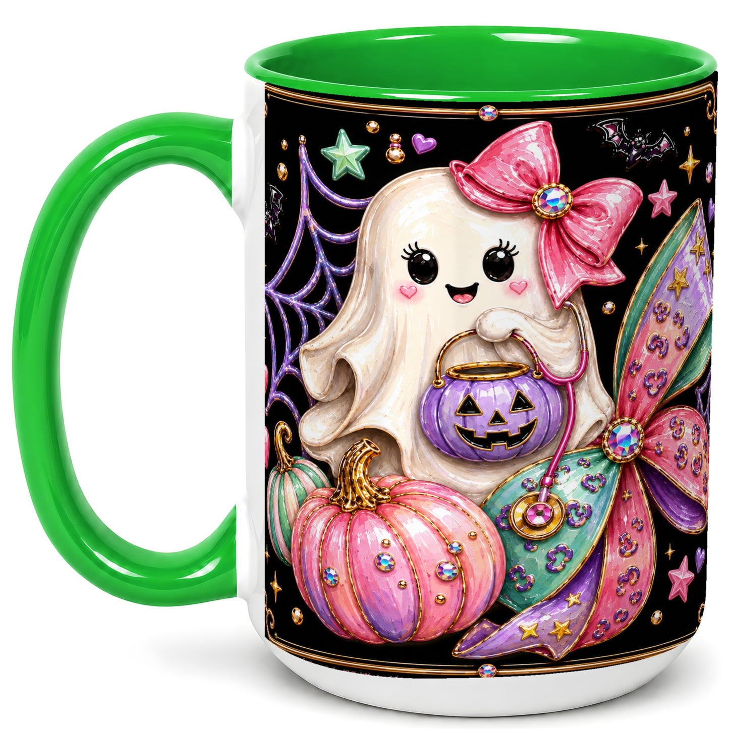 #pl[15oz|Green] Ghost Nurse Coffee Mug, Cute Halloween Mug, Ceramic Cup