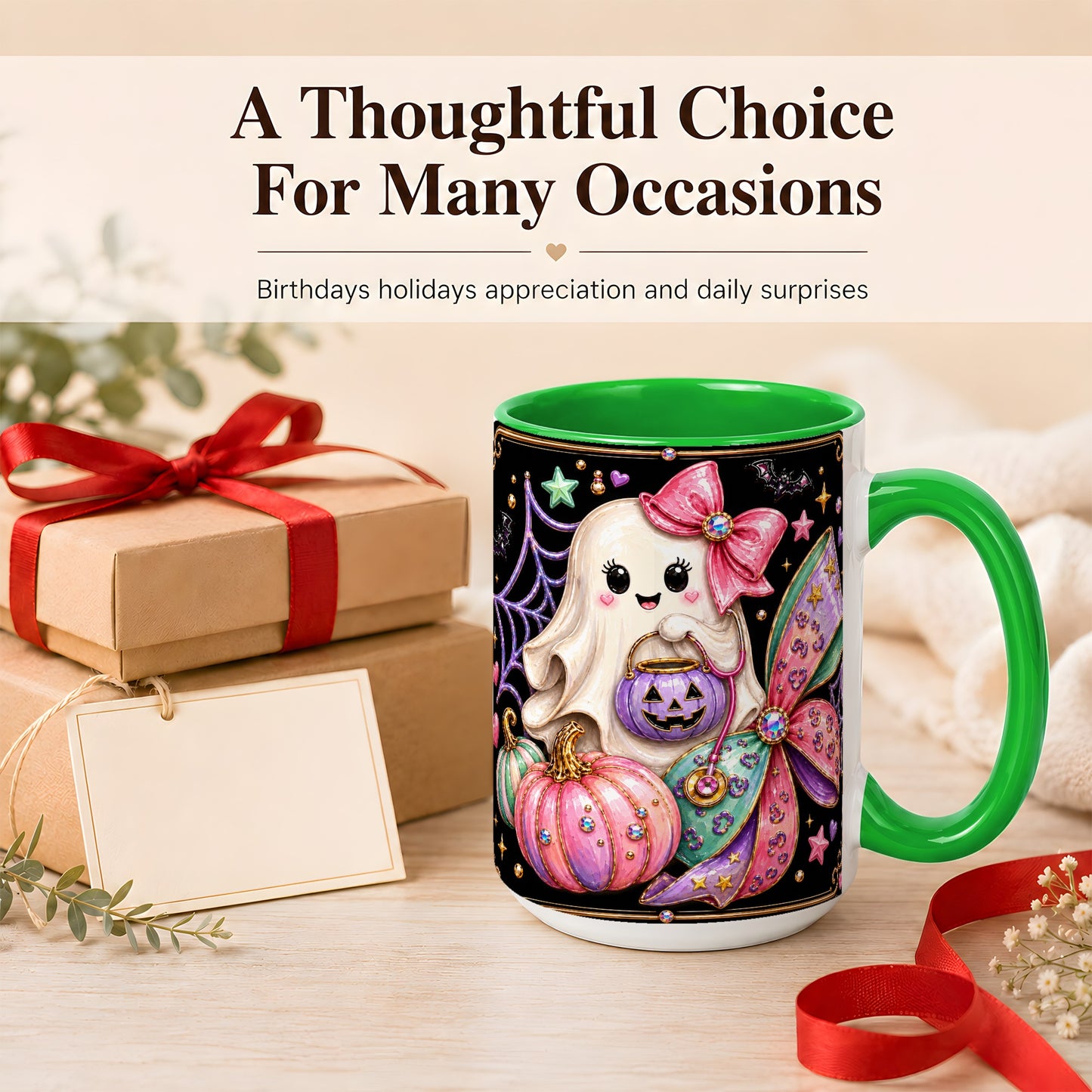 #pl[15oz|Green] Ghost Nurse Coffee Mug, Cute Halloween Mug, Ceramic Cup