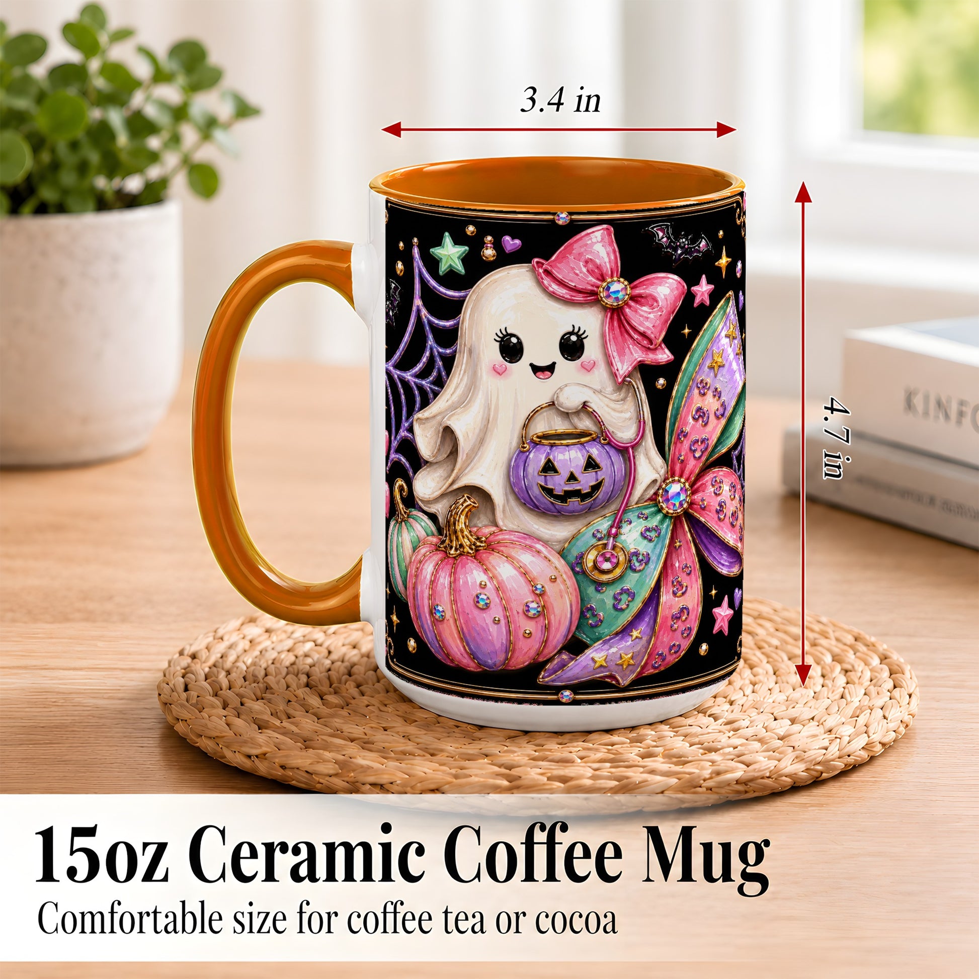#pl[15oz|Orange] Ghost Nurse Coffee Mug, Cute Halloween Mug, Ceramic Cup