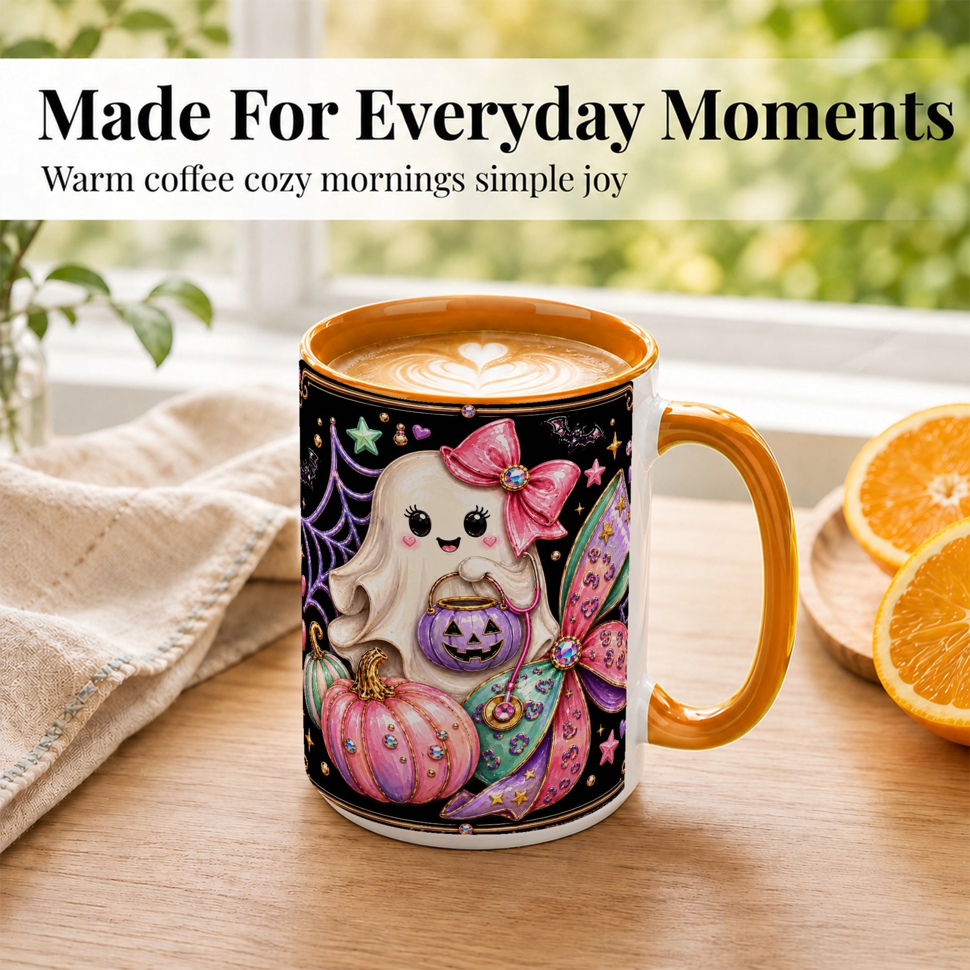 #pl[15oz|Orange] Ghost Nurse Coffee Mug, Cute Halloween Mug, Ceramic Cup