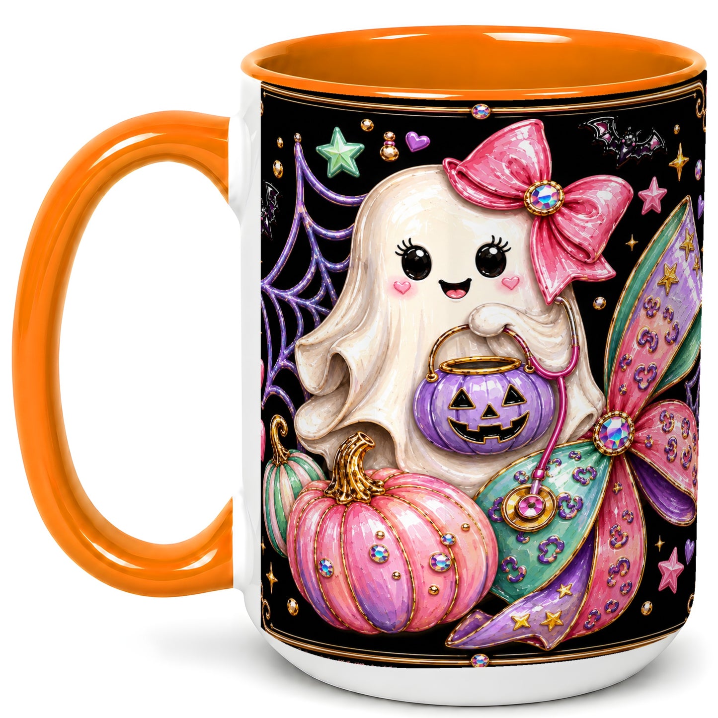 #pl[15oz|Orange] Ghost Nurse Coffee Mug, Cute Halloween Mug, Ceramic Cup